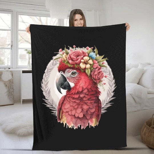 Scarlet Macaw Parrot Watercolor Bird Flower Crown Fleece Blankets