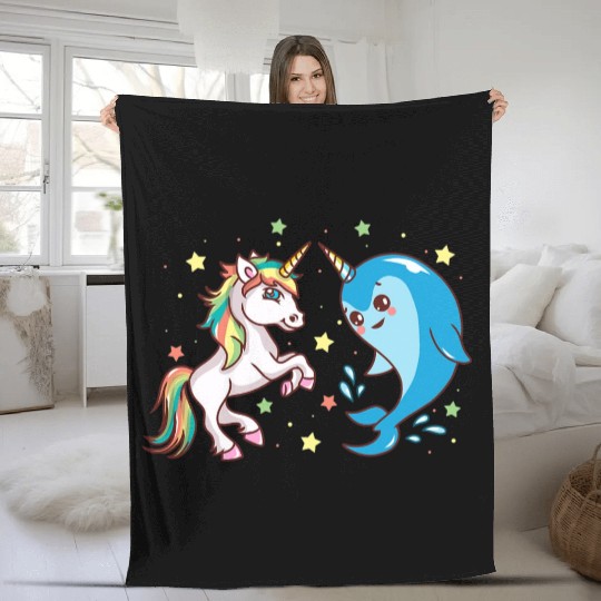 Cute Funny Horned Narwhal And Unicorn Friends Fleece Blankets