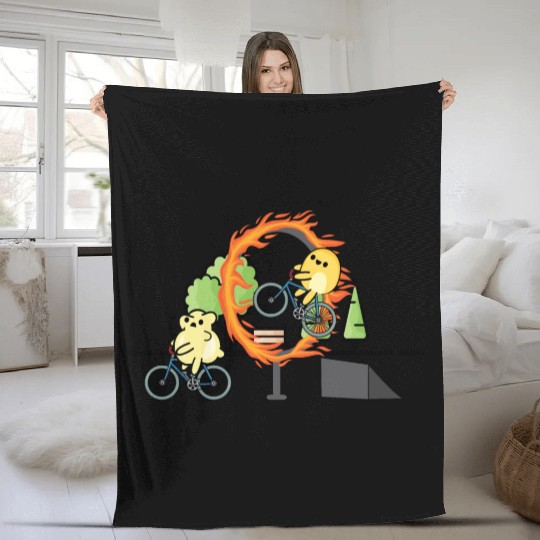 Cute popcorn doing stunts with bicycle Fleece Blankets