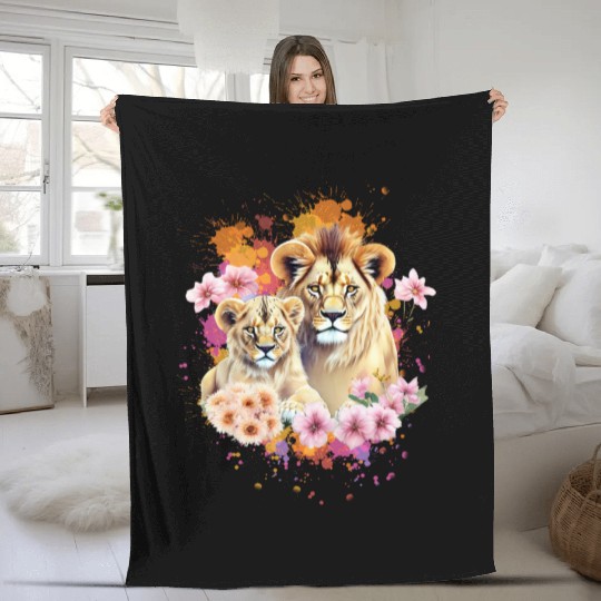Lion Mom & Son Cubs with Flower Watercolor Fleece Blankets