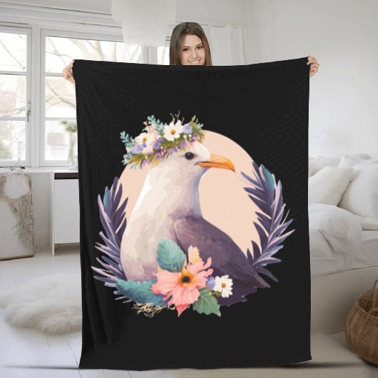 Cute Seagull Bird Flower Crown Floral Birds Fleece Blankets
