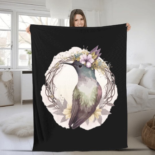 Watercolor Hummingbird Flower Crown Floral Birds Fleece Blankets