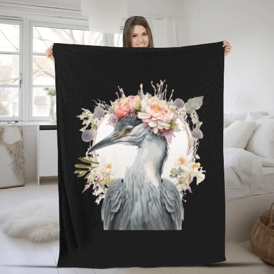 Watercolor Heron Freshwater Bird Flower Crown Flor Fleece Blankets