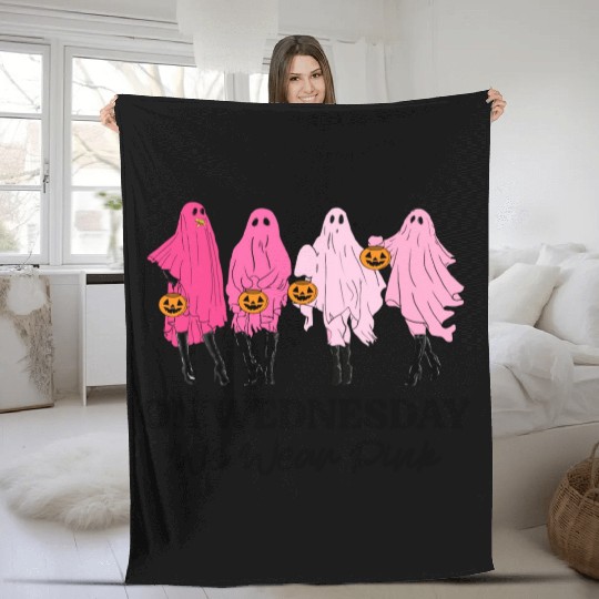 Breast Cancer On Wednesday We Wear Pink Halloween Fleece Blankets