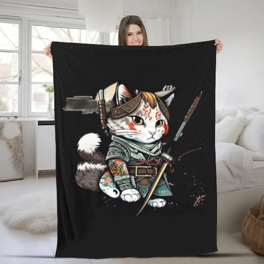 The Fearless Samurai Cat: A Sword's Master Fleece Blankets