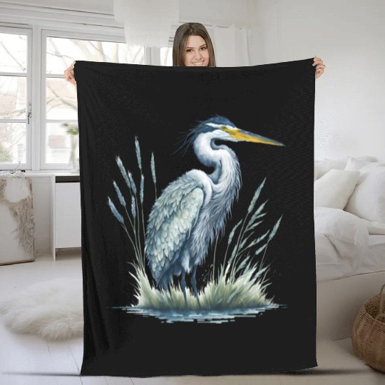 Watercolor Heron in Nature Fleece Blankets