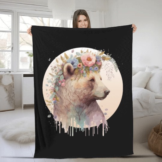 Brown Bear Watercolor Grizzly Bear Flower Crown Wi Fleece Blankets