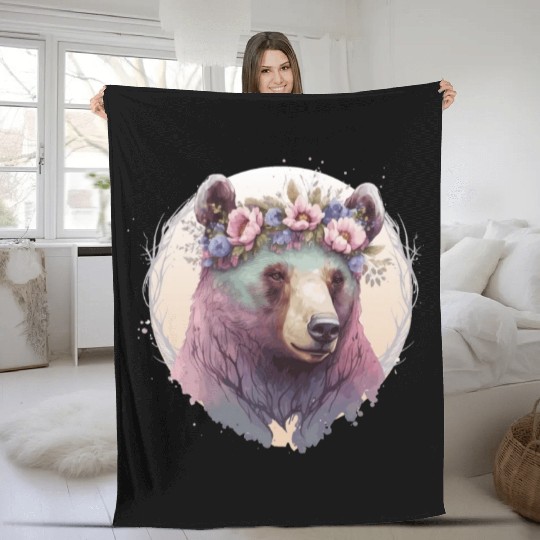 Cute Watercolor Grizzly Bear Flower Crown Floral A Fleece Blankets