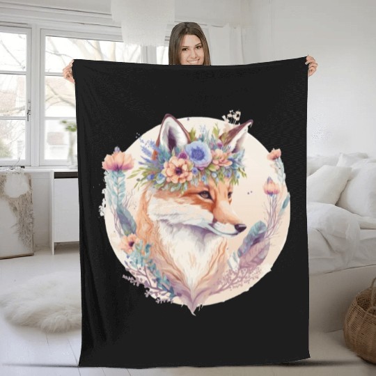 Cute Watercolor Fox Flower Crown Boho Aesthetic Fleece Blankets