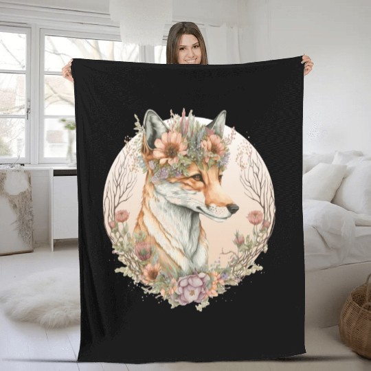 Cute Fox Flower Crown Artistic Foxes Animal Lover Fleece Blankets
