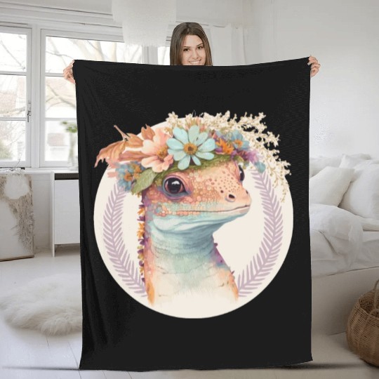 Cute Watercolor Gecko Reptile Flower Crown Boho Ae Fleece Blankets