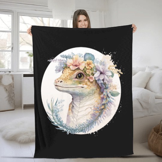 Watercolor Gecko Reptile Flower Crown Floral Amphi Fleece Blankets