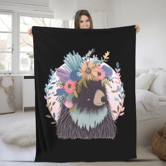 Cute Porcupine Flower Crown Watercolor Floral Fleece Blankets