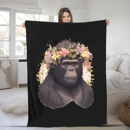 Watercolor Gorilla Flower Crown Africa Safari Anim Fleece Blankets