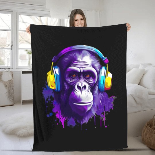 Gorilla with Headphones Music Monkey Fleece Blankets