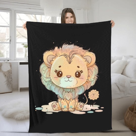 Cute Lion Pastel Drawing Fleece Blankets