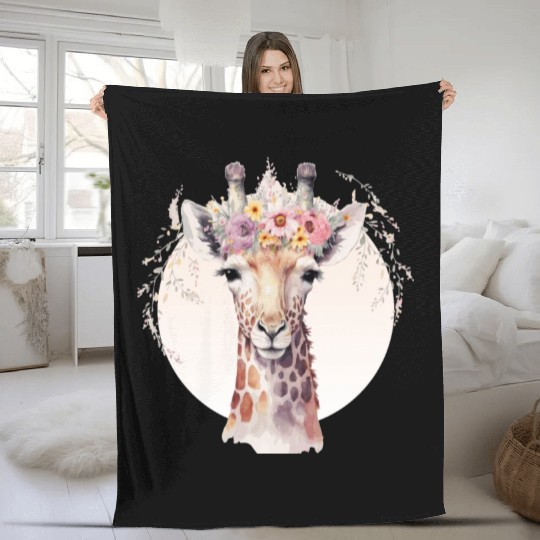 Cute Giraffe Flower Crown Africa Safari Animal Fleece Blankets