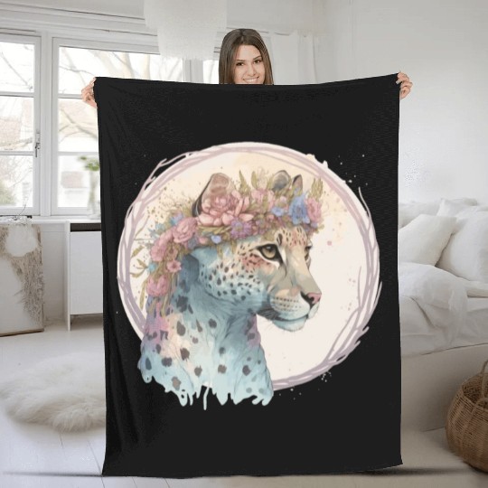 Cute Cheetah Flower Crown Floral Watercolor Animal Fleece Blankets