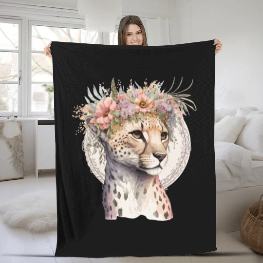 Cute Cheetah Flower Crown Boho Aesthetic Fleece Blankets