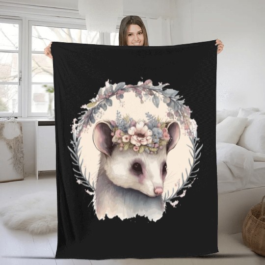 Cute Possum Flower Crown Watercolor Animal Lover Fleece Blankets