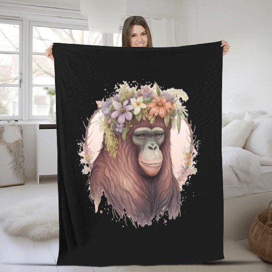 Cute Orangutan Flower Crown Monkey Lover Fleece Blankets