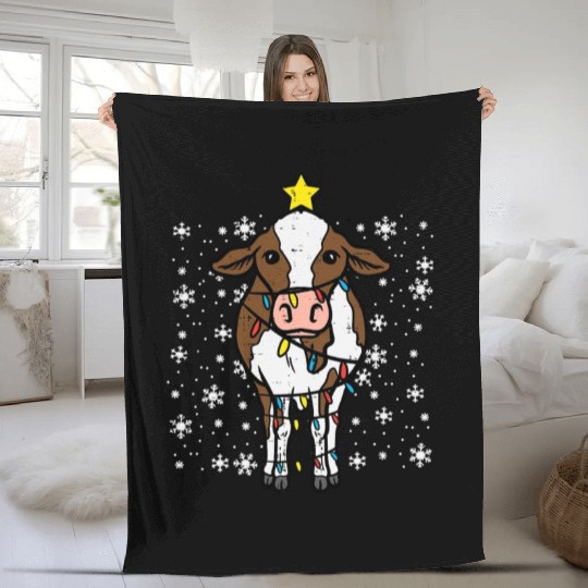 Cow Christmas Lights Funny Xmas Farm Farmer Men Fleece Blankets