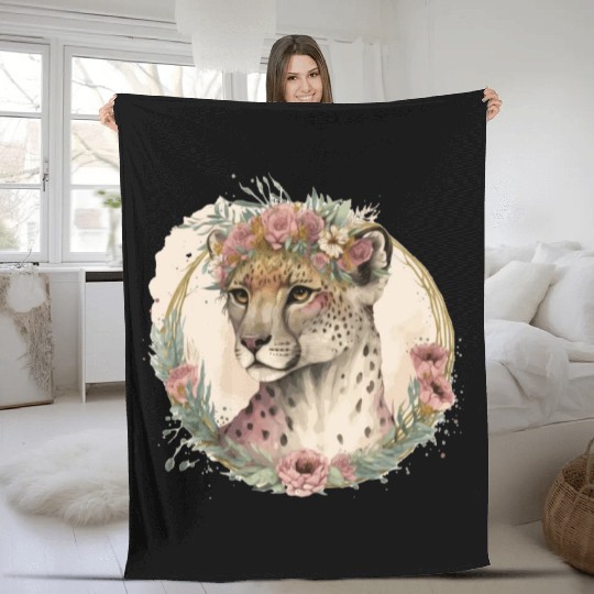 Cute Watercolor Cheetah Flower Crown Safari Animal Fleece Blankets