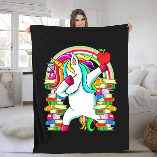Womens Reading Teacher Dabbing Unicorn Elementary Fleece Blankets
