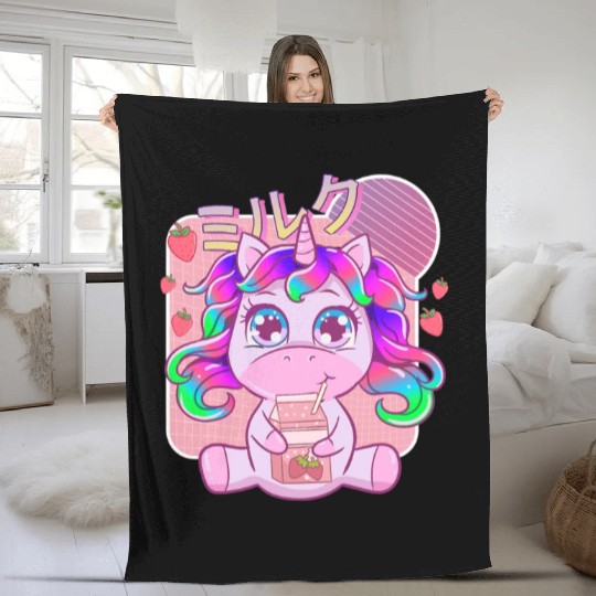 Funny Kawaii Unicorn Strawberry Milk Shake Fleece Blankets