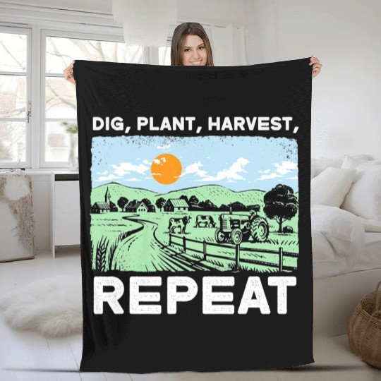 Dig Plant Harvest Repeat I Agriculture Farmer Fleece Blankets