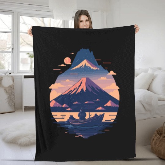 Serene Mount Fuji Sunset Peaceful River Scenery Fleece Blankets