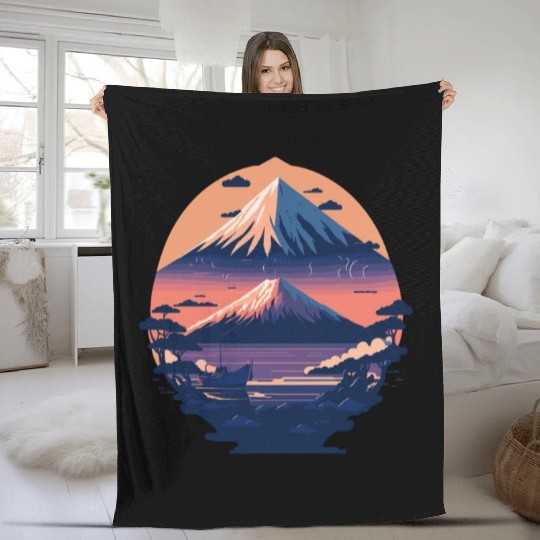 Serene Mount Fuji Sunset Peaceful River Scenery Fleece Blankets