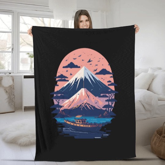 Serene Mount Fuji Sunset Peaceful River Scenery Fleece Blankets