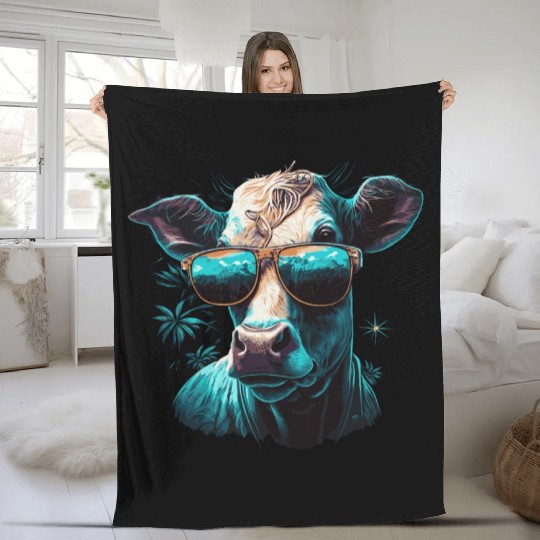 a cow with sunglasses Fleece Blankets