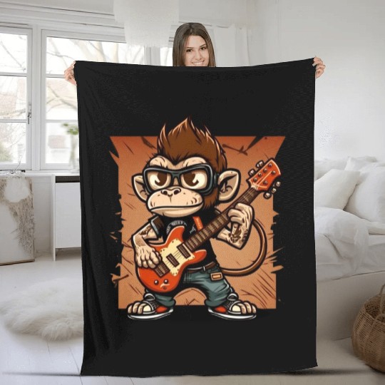 Monkey Chimpanzee Playing Acousitc Rock Guitar Fleece Blankets