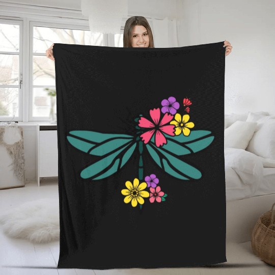 dragonfly with colorful flowers Fleece Blankets