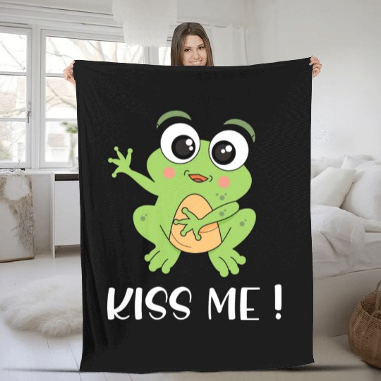 Cartoon Kids Frog I Kiss Me Frog Motif 1 Fleece Blankets
