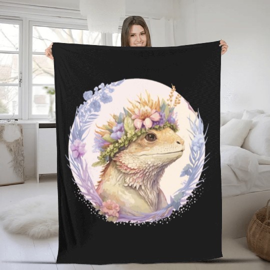 Floral Bearded Dragon Flower Crown Pet Lizard Love Fleece Blankets
