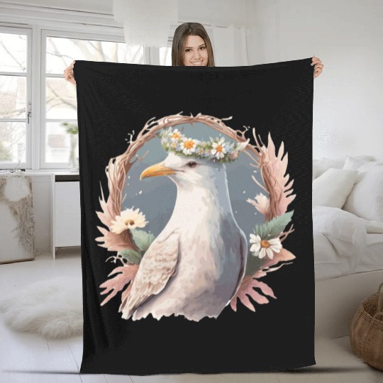 Seagull Bird Flower Crown Floral Seabirds Fleece Blankets