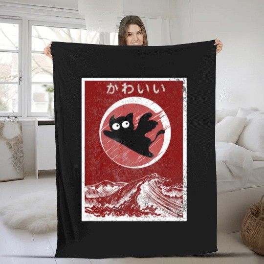 Kawaii Cat Japanese Black Anime Cat Fleece Blankets