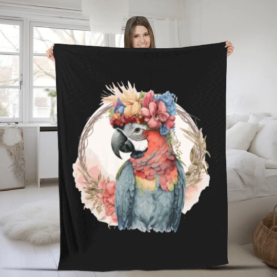 Colorful Parrot Watercolor Macaw Bird Flower Crown Fleece Blankets