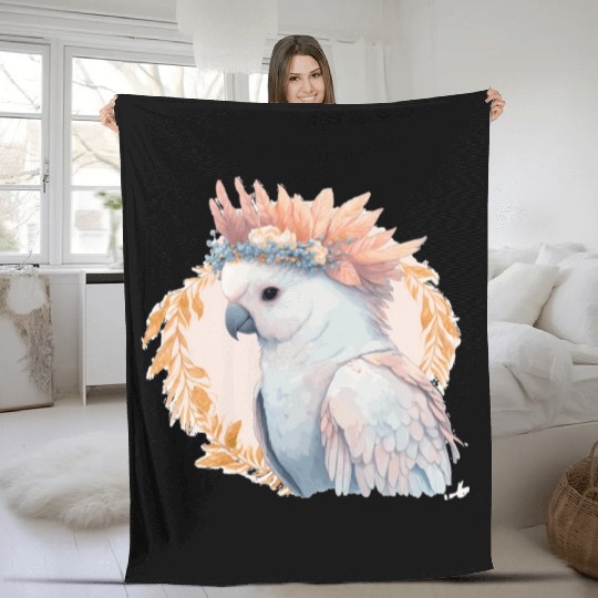 Cute Watercolor Cockatoo Parrot Bird Flower Crown Fleece Blankets