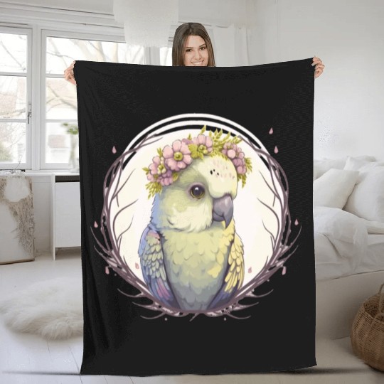Artistic Watercolor Parakeet Bird Flower Crown Pet Fleece Blankets