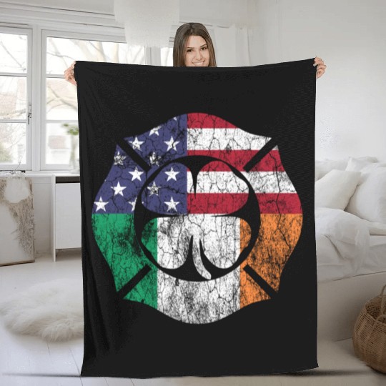St Patricks Day Firefighter Irish American Flag Fleece Blankets