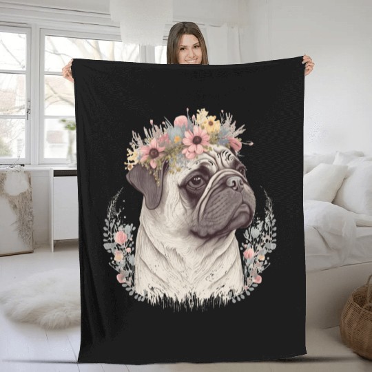Cute Pug Flower Crown Pet Dog Breed Floral Puppy Fleece Blankets
