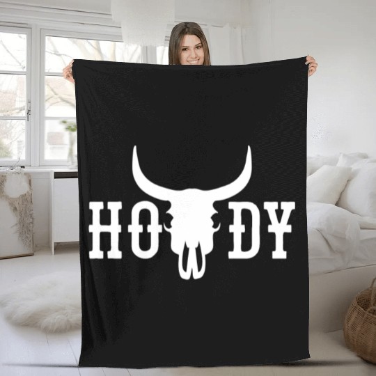 Howdy Cow Skull Western Cowboy Cowgirl Rodeo Howdy Fleece Blankets