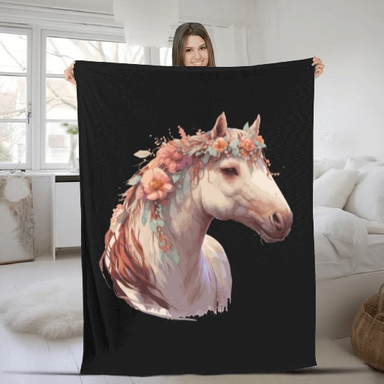 Watercolor Flower Horse Chinese Zodiac Animal Sign Fleece Blankets