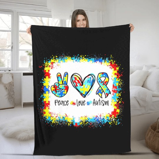 Peace Love Autism In April We Wear Blue For Autism Fleece Blankets