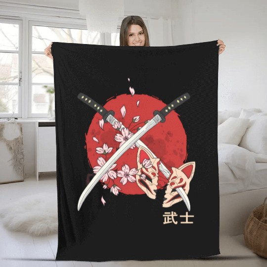 Ancient Japanese Cherry Blossom Samurai Katana Swo Fleece Blankets