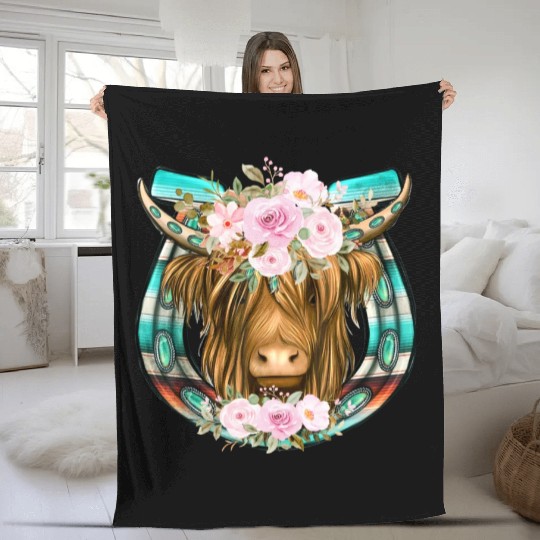 Loves HigHiand Cow Flower Fleece Blankets